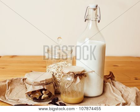 real comfort wooden kitchen with breakfast ingredients close up in glass