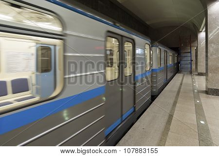 Nizhny Novgorod RUSSIA - 02.11.2015. empty train in a subway station Gorkovskaya