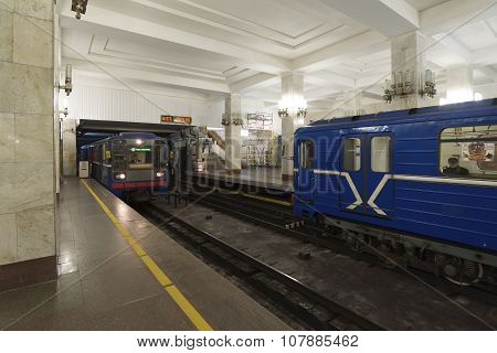 Nizhny Novgorod RUSSIA - 02.11.2015. Train at a metro station Moskovskaya