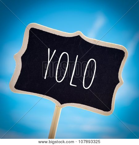 closeup of a signboard with the word yolo, for you only live once, over the blue sky, with a slight vignette added