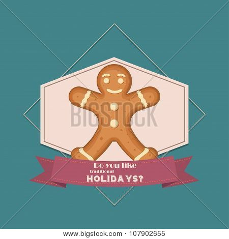 Merry Christmas Vintage Retro Typography Lettering Design Greeting Card With Toy Candy Cookie, Ginge