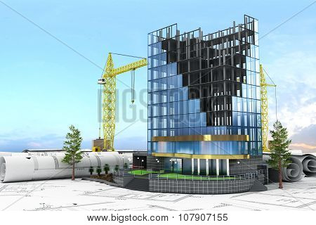 Abstract 3D Of Building Development Concept. Office Building In Process Of Construction.