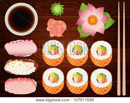 Sushi Roll Sashimi Set Soy Sause Ginger 11
