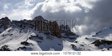 Panoramic View On Winter Mountains In Storm Clouds