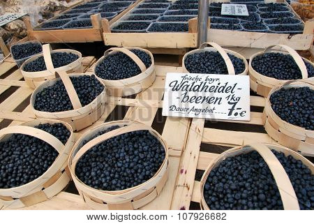 Baskets Of Wild Blueberries On Sale In The Stall