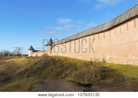 Wall of Saviour and St. Euthymius monastery in Suzdal founded in 1350. Golden Ring of a Russia Travel