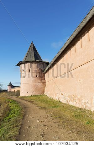 Wall of Saviour and St. Euthymius monastery in Suzdal founded in 1350. Golden Ring of a Russia Travel