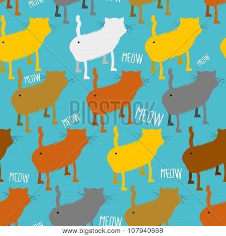 Ass Cat Seamless Pattern. Homemade Animal With Tail. Texture And Cats Meow. Ornament For Baby Tissue