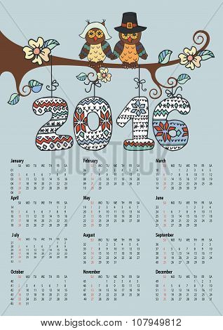 Calendar 2016.Owl couple and Knitting numbers