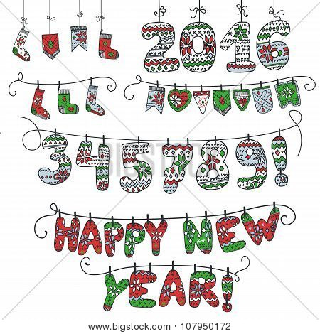 New year doodle garland.Knitted numbers,socks,letters.2016