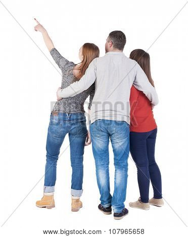 Back view of three friends pointing. group of people watching somewhere. Rear view people collection.  backside view of person.  Isolated over white background.