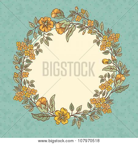 Vector Vintage Greeting Card With A Doodle Flowers Bouquet And Frame For Text On Retro Dirty Backgro