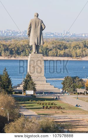 View Of The Embankment, And A Statue Of Lenin In The Krasnoarmeysk District Of Volgograd