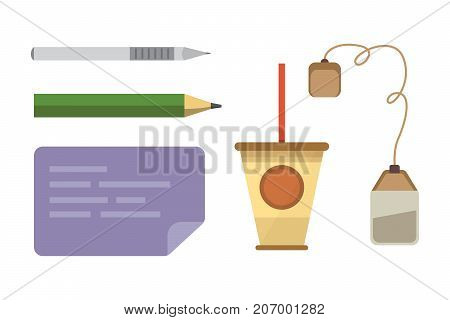 Workplace with mobile devices and documents. Office personal and Business Icons vector set. work table with gadget laptop flat illustration iolated