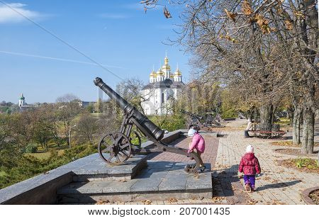 Chernigov,Ukraine, October 19, 2011: Chernigov shaft and Catherine Church Chernigov. Ukraine