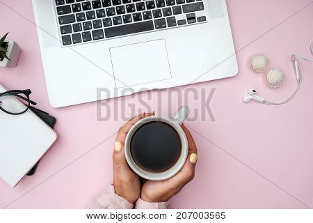 Woman Office Desk With With Laptop, Notebook, Phone, Sheet, Pencils, Candy,  Headphones, Plant, Penc