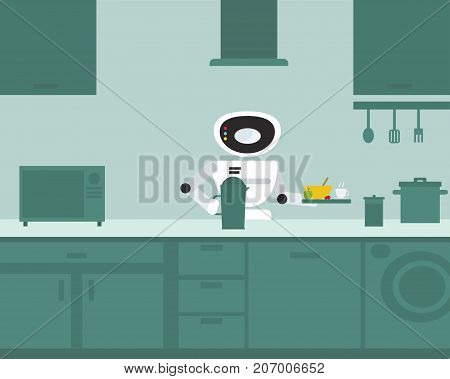 Domestic robot ready to serve breakfast at kitchen. Personal robot chef futuristic concept illustration vector.