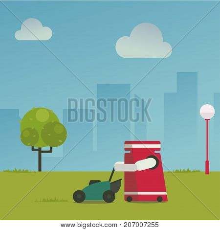 Domestic robot cutting grass with grassmower on a green lawn. Robotic gardening futuristic concept illustration vector.