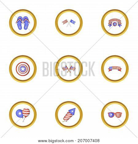 USA patriotic holiday icons set. Cartoon style set of 9 USA patriotic holiday vector icons for web design