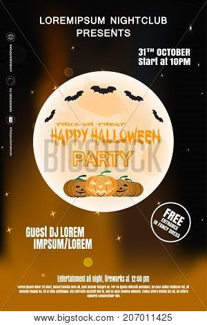 Vector poster for Halloween party night with full moon flock of bats group of pumpkins on the gradient dark brown background with text.