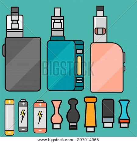 Vape device vector set. cigarette vaporizer, vapor juice, vape bottle, flavor illustration battery coil. Trend new culture electronic nicotine liquid. Smoking atomizer device e-liquid.