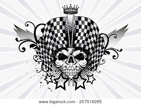 Racing Skull Emblem and Chekered Vector Illustration