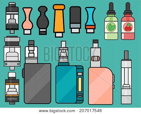 Vape device vector set cigarette vaporizer vapor juice vape bottle flavor illustration battery coil. Trend new culture electronic nicotine liquid. Smoking atomizer device e-liquid.