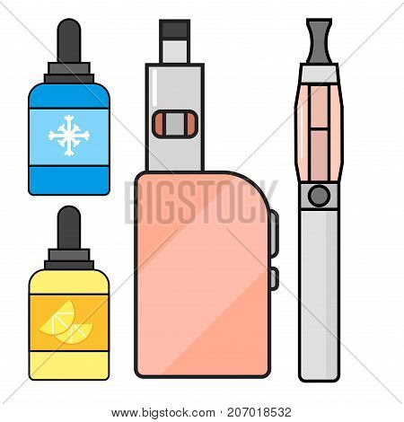 Vape device vector set cigarette vaporizer vapor juice vape bottle flavor illustration battery coil. Trend new culture electronic nicotine liquid. Smoking atomizer device e-liquid.
