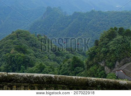 the view of Wudang mountain view from the cable car. taken to the top of this hill That's a Golden temple. Hubei Province china