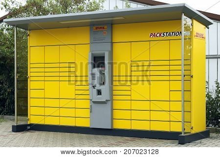 LINDEN GERMANY JULY 2017 DEUTSCHE POST cargo terminal and logo Germany. Deutsche Post AG is a German courier company and the world's largest.
