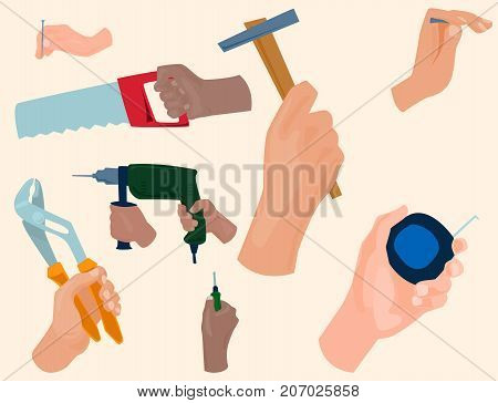 Hands with construction tools worker equipment. House renovation handyman vector illustration. Carpenter industrial build job wrench repair working body part.