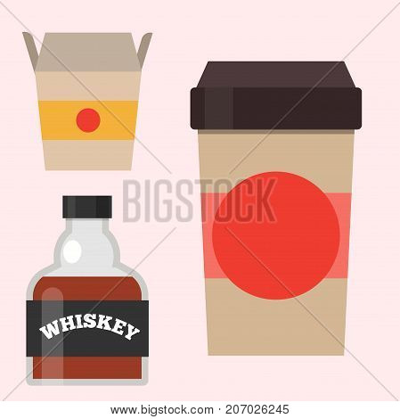 Full whiskey bottle glass liquor scotch beverage whisky bourbon drink brandy vector illustration. Elegance old elegance drunk coffee to go cup.