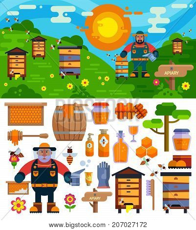 Apiary beekeeper vector honey making farm symbols icons illustration. Bee, honey, beehouse, honeycomb natural healthy food production. Man beekeeer costume.