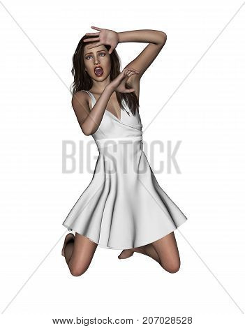 3d rendering of a woman using her hands to hide her face from something scary,or protecting from being attacked