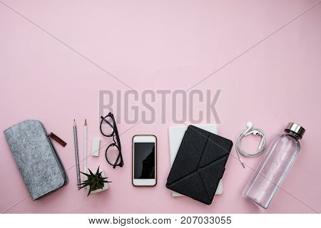 Office Workplace With Glasses, Notebook, Phone, Sheet, Pencils, Water, Headphones, Plant, Pencils On