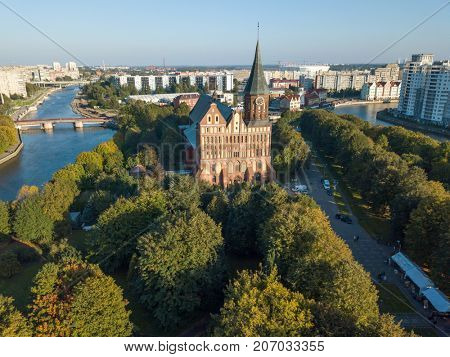Aerial cityscape of Kant Island in Kaliningrad, Russia at sunny autumn day
