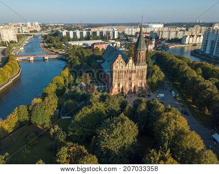 Aerial cityscape of Kant Island in Kaliningrad, Russia at sunny autumn day