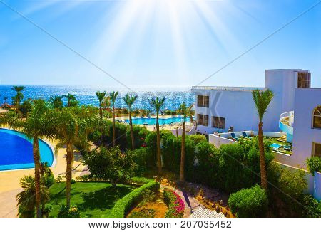 Sharm El Sheikh, Egypt - September 26, 2017: Buildings and pool area at Monter Carlo Sharm Resort and SPA at Sharm El Sheikh, Egypt on September 26, 2017