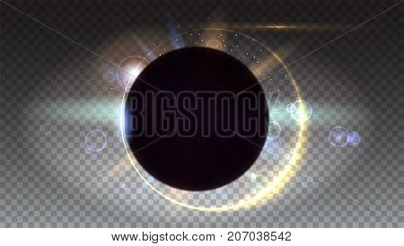 Solar eclipse, astronomical phenomenon - full sun eclipse. The planet covering the Space star, Isolated on transparent. Light rays and lens flare backdrop. Star burst with sparkles.
