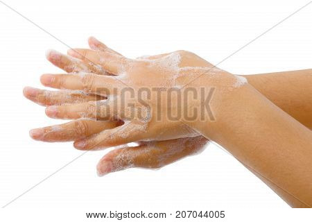 Close up image of hand washing medical procedure step isolated on white background,Global handwashing day.