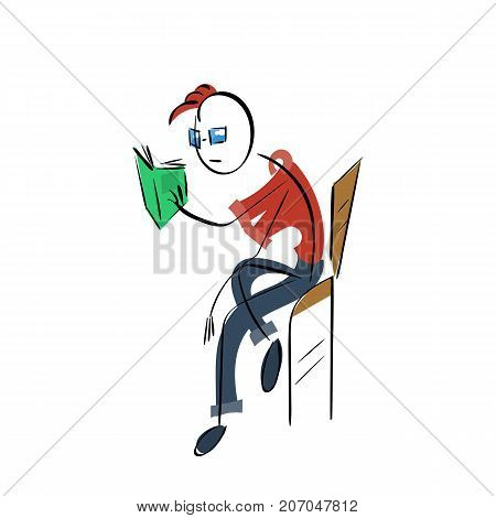 Doodle stickman illustration concept. Hipster with book. Vector image.
