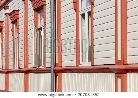 Traditional wooden houses facade in Rauma town. Finland heritage. Horizontal