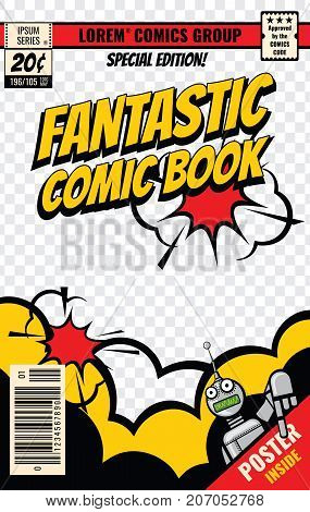 Comic book cover vector template. Comic book poster, illustration of magazine page editable