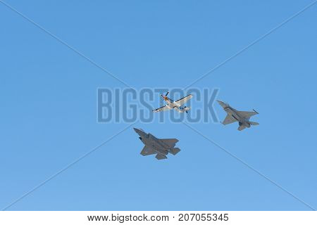 F-16 Viper, F-35 F-35A Lightning Ii , P-51 Mustang Performing At The Huntington Beach Air Show.