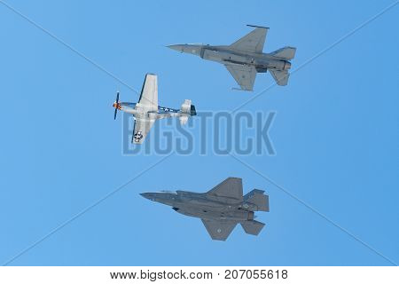 F-16 Viper, F-35 F-35A Lightning Ii , P-51 Mustang Performing At The Huntington Beach Air Show.