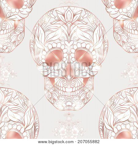 Seamless pattern, background with human skull in rose gold colors. Stock line vector illustration.