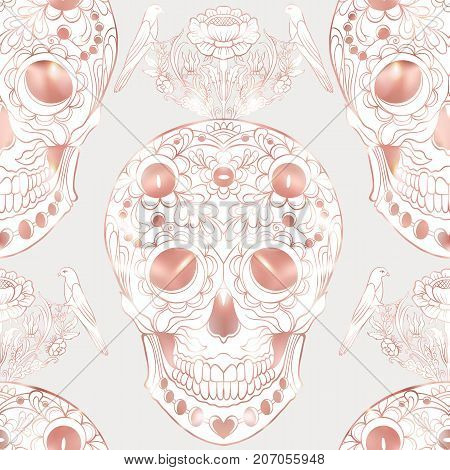 Seamless pattern, background with human skull in rose gold colors. Stock line vector illustration.