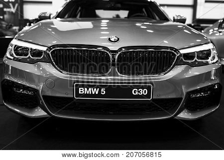Sankt-Petersburg Russia July 21 2017: Front view of a BMW (G30) 5-series. Car exterior details. Black and white. Photo Taken at Royal Auto Show July 21