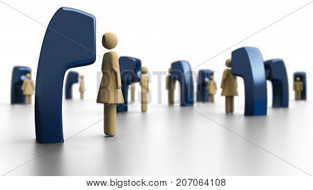 Abstract 3d illustration of a telephone survey with male and female respondents with focus on nearest woman - transparent PNG