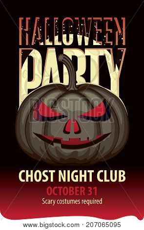 Vector banner for halloween party with a spooky pumpkin on the background of full moon. Flyer or invitation template for Halloween party.